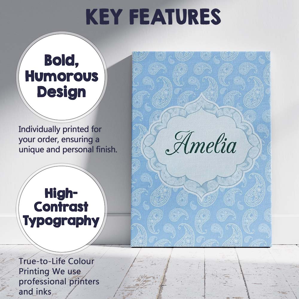 Personalised Name Cool Blue Paisley Decorative Bandana Seamless Creative Decorator Style Canvas Wall Art Print Decor Picture Ready to Hang