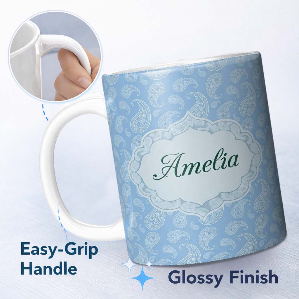 Personalized Custom Name Cool Blue Paisley Decorative Bandana Seamless Pattern Design Name 11oz Ceramic Coffee Tea Mug White Large Handle