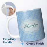 Personalized Custom Name Cool Blue Paisley Decorative Bandana Seamless Pattern Design Name 11oz Ceramic Coffee Tea Mug White Large Handle