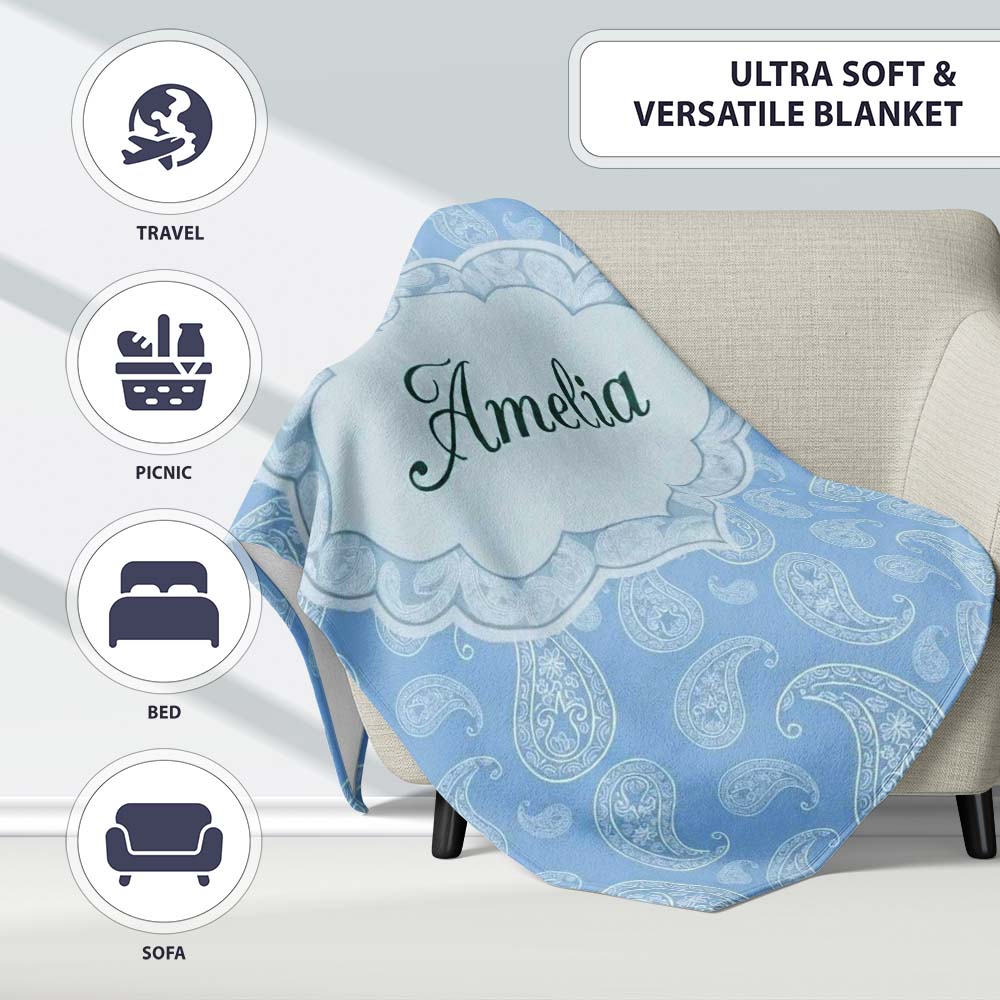 Cool Blue Paisley Decorative Bandana Seamless Pattern Design Name  Personalised Custom Name Super Soft Fleece Blanket Bed Sofa Throw