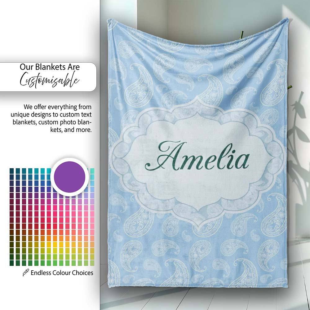 Cool Blue Paisley Decorative Bandana Seamless Pattern Design Name  Personalised Custom Name Super Soft Fleece Blanket Bed Sofa Throw