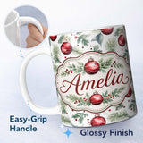 Personalized Custom Name Watercolor Red Baubles Pine Branches Festive Holiday Seamless Lovely 11oz Ceramic Coffee Tea Mug White Large Handle