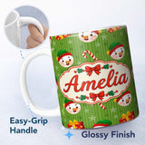 Personalized Custom Name Cute Snowman Candy Cane Gift Box Green Stripe Seamless Pattern 11oz Ceramic Coffee Tea Mug White Large Handle