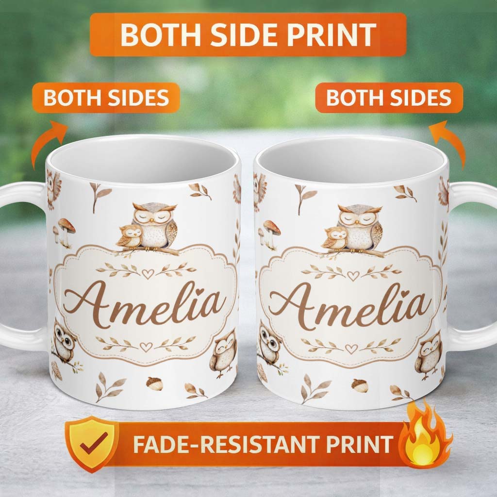 Personalized Custom Name Cute Woodland Owls Mushrooms and Leaves Light Grey Background Lovely 11oz Ceramic Coffee Tea Mug White Large Handle