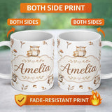 Personalized Custom Name Cute Woodland Owls Mushrooms and Leaves Light Grey Background Lovely 11oz Ceramic Coffee Tea Mug White Large Handle
