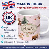 Personalized Custom Name Forest Animals Bear Bunny Squirrel Trees on Warm Pink Seamless 11oz Ceramic Coffee Tea Mug White Large Handle