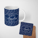 Personalized Custom Name Navy Blue Paisley Classic Ornamental Seamless Pattern Design Name 11oz Ceramic Coffee Tea Mug White Large Handle