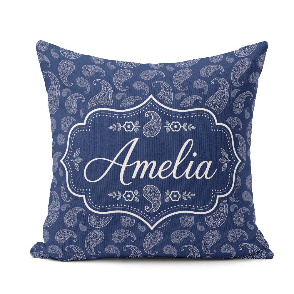 Custom Name Navy Blue Paisley Classic Ornamental Seamless Design Square Filled Cushion Throw Pillow Sofa Bed Home Decor Zip Washable UK Made
