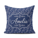 Custom Name Navy Blue Paisley Classic Ornamental Seamless Design Square Filled Cushion Throw Pillow Sofa Bed Home Decor Zip Washable UK Made