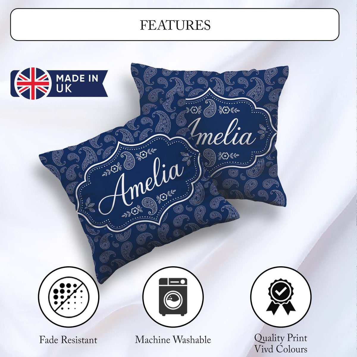 Custom Name Navy Blue Paisley Classic Ornamental Seamless Design Square Filled Cushion Throw Pillow Sofa Bed Home Decor Zip Washable UK Made