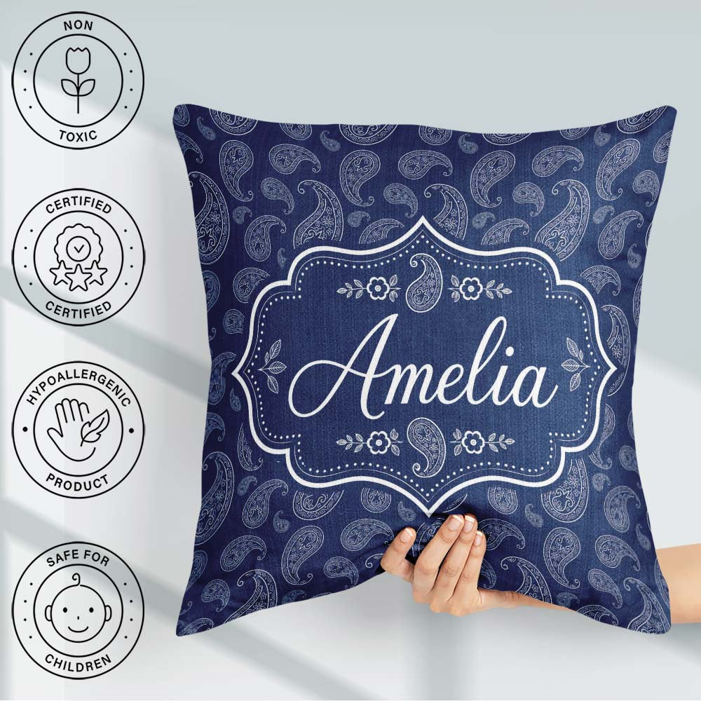 Custom Name Navy Blue Paisley Classic Ornamental Seamless Design Square Filled Cushion Throw Pillow Sofa Bed Home Decor Zip Washable UK Made