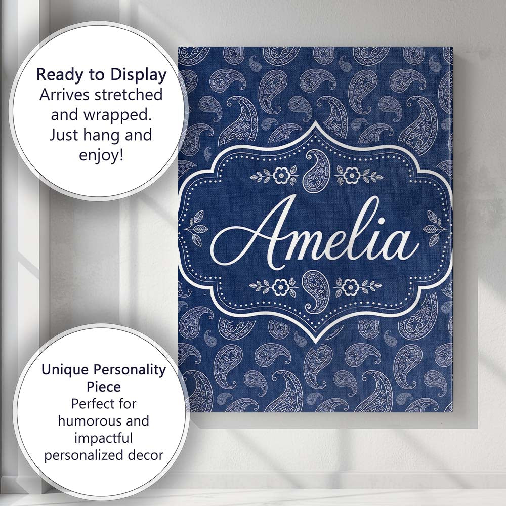 Personalised Name Navy Blue Paisley Classic Custom  Bespoke Interior Contemporary Canvas Wall Art Print Decor Picture Ready to Hang
