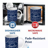 Personalized Custom Name Navy Blue Paisley Classic Ornamental Seamless Pattern Design Name 11oz Ceramic Coffee Tea Mug White Large Handle