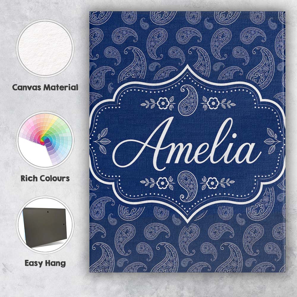 Personalised Name Navy Blue Paisley Classic Custom  Bespoke Interior Contemporary Canvas Wall Art Print Decor Picture Ready to Hang