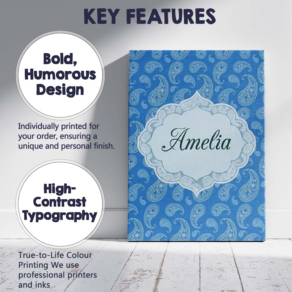 Personalised Name Royal Blue Paisley Custom Premium Decorative Design Modern Room Accent Canvas Wall Art Print Decor Picture Ready to Hang