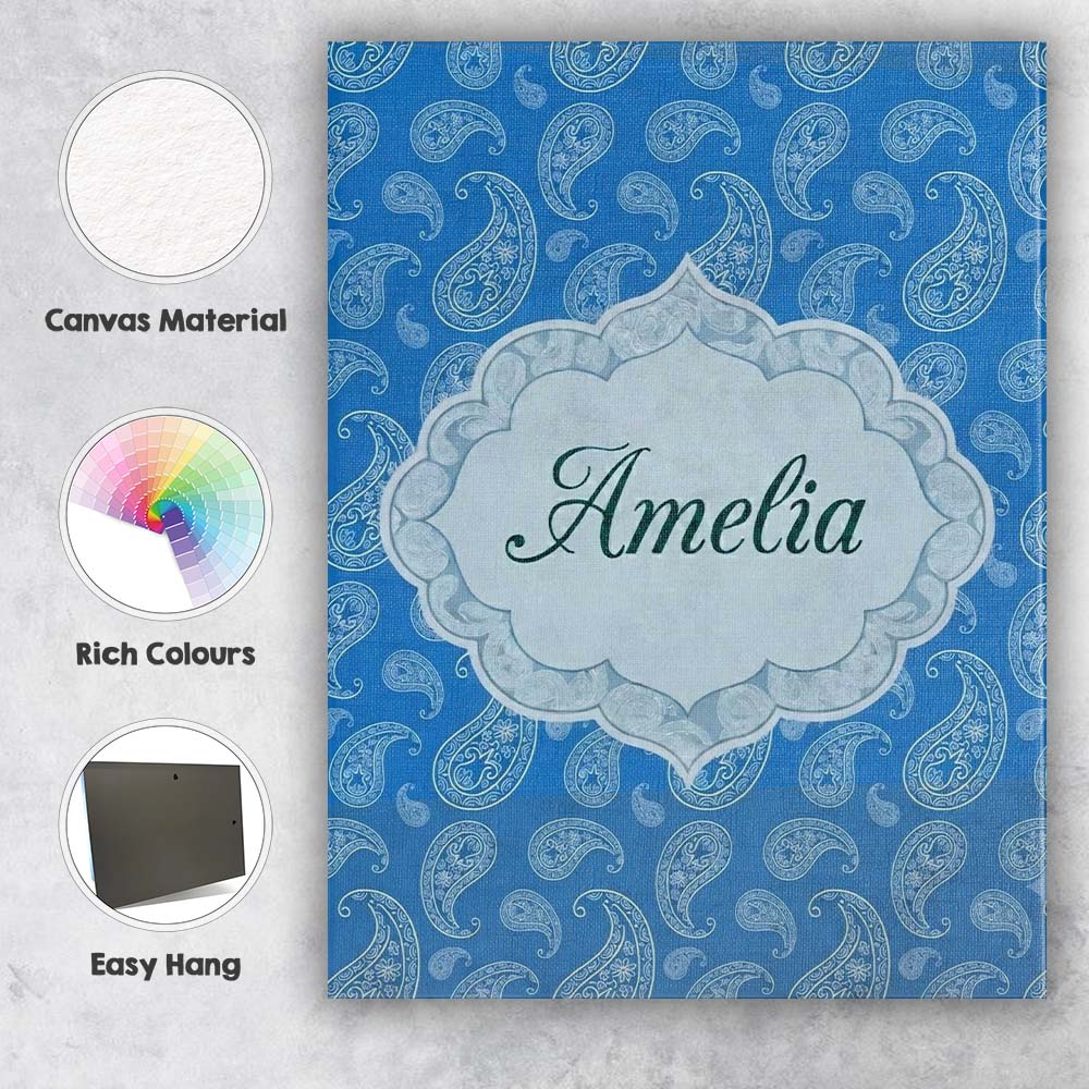 Personalised Name Royal Blue Paisley Custom Premium Decorative Design Modern Room Accent Canvas Wall Art Print Decor Picture Ready to Hang