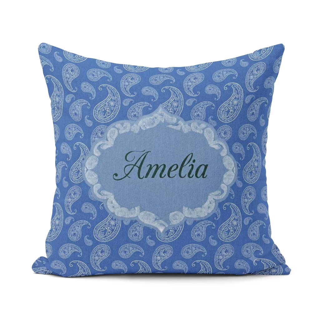 Custom Name Elegant White Paisley Floral on Deep Blue Background Square Filled Cushion Throw Pillow Sofa Bed Home Decor Zip Washable UK Made