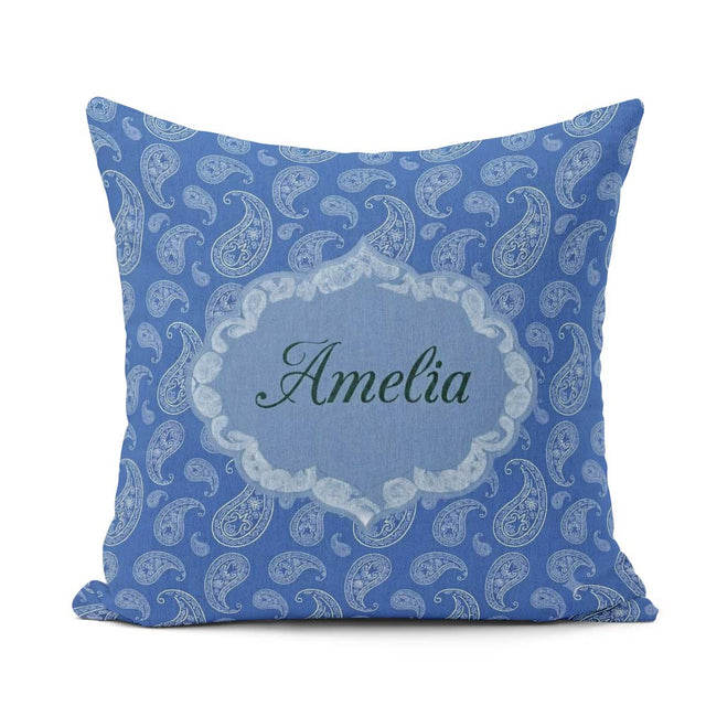 Custom Name Elegant White Paisley Floral on Deep Blue Background Square Filled Cushion Throw Pillow Sofa Bed Home Decor Zip Washable UK Made