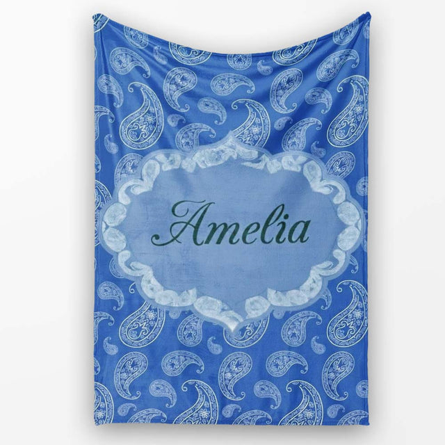 Elegant White Paisley Floral Pattern on Deep Blue Background  Personalised Custom Name Super Soft Fleece Blanket Bed Sofa Throw