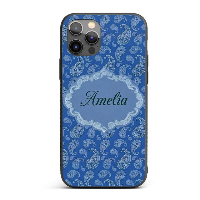 Elegant White Paisley Floral Pattern on Deep Blue Custom Name Protective Phone Case Mobile Cover Durable Everyday Smartphone Shock Resistant
