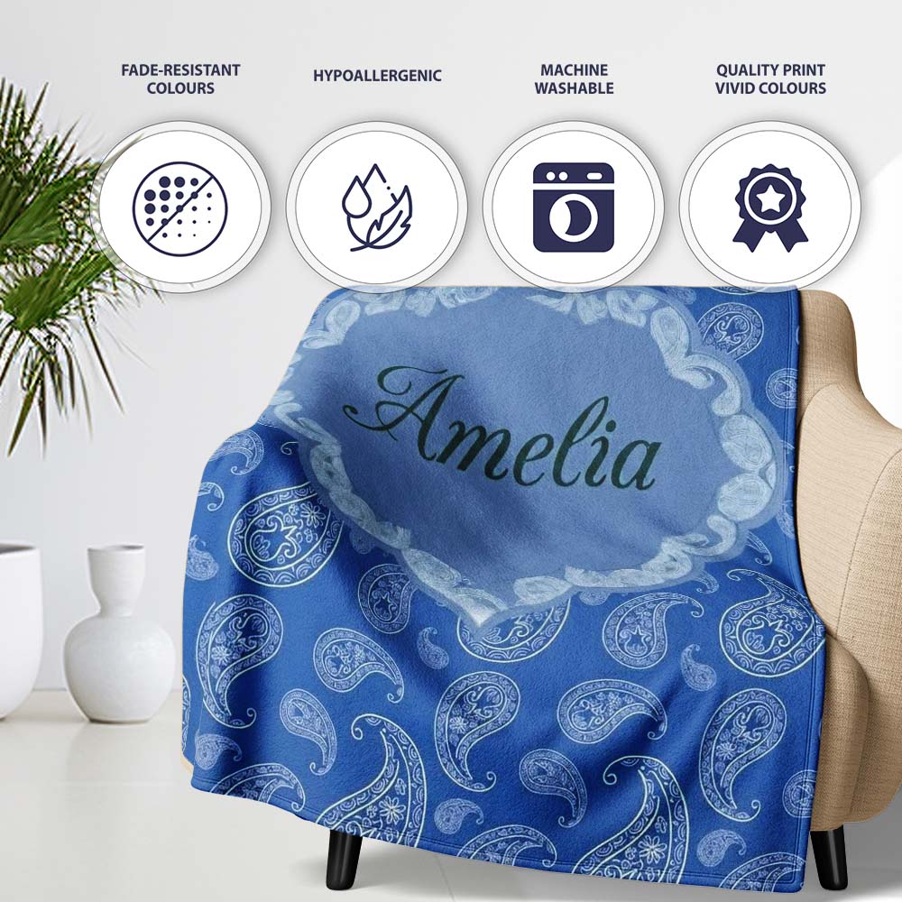 Elegant White Paisley Floral Pattern on Deep Blue Background  Personalised Custom Name Super Soft Fleece Blanket Bed Sofa Throw