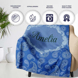Elegant White Paisley Floral Pattern on Deep Blue Background  Personalised Custom Name Super Soft Fleece Blanket Bed Sofa Throw