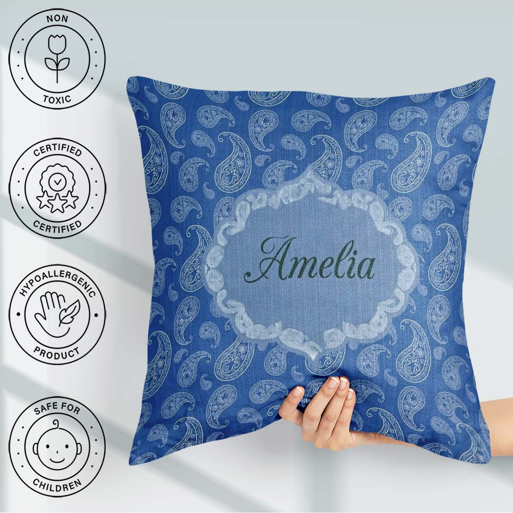 Custom Name Elegant White Paisley Floral on Deep Blue Background Square Filled Cushion Throw Pillow Sofa Bed Home Decor Zip Washable UK Made