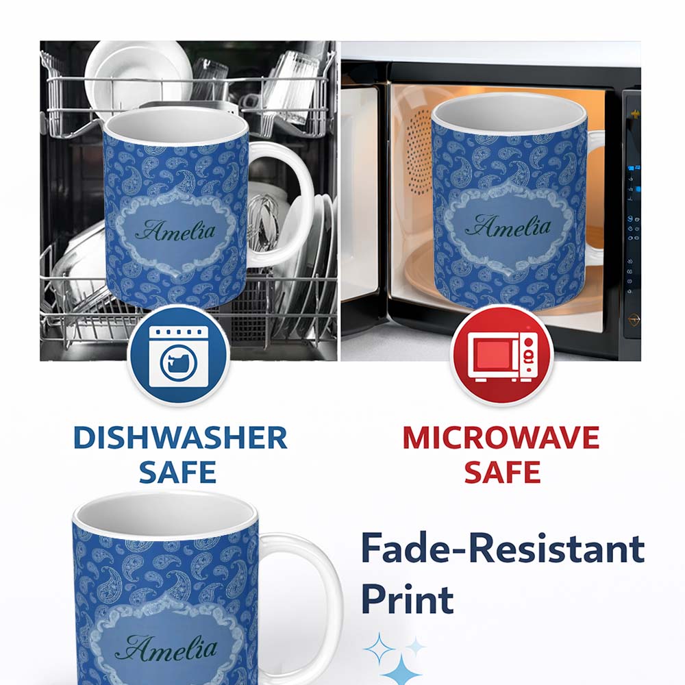 Personalized Custom Name Elegant White Paisley Floral Pattern on Deep Blue Background 11oz Ceramic Coffee Tea Mug White Large Handle