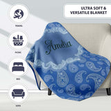 Elegant White Paisley Floral Pattern on Deep Blue Background  Personalised Custom Name Super Soft Fleece Blanket Bed Sofa Throw