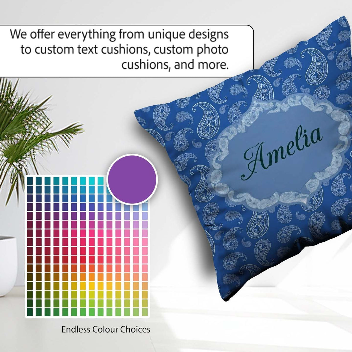 Custom Name Elegant White Paisley Floral on Deep Blue Background Square Filled Cushion Throw Pillow Sofa Bed Home Decor Zip Washable UK Made