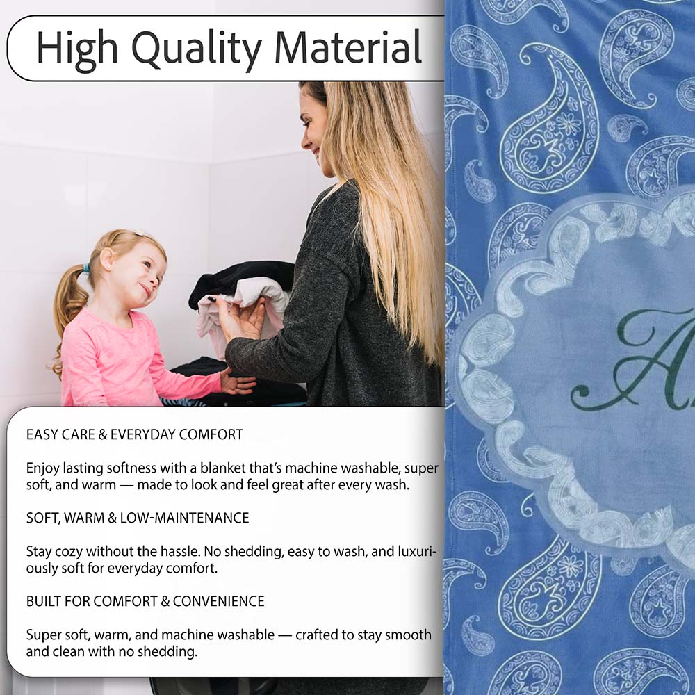 Elegant White Paisley Floral Pattern on Deep Blue Background  Personalised Custom Name Super Soft Fleece Blanket Bed Sofa Throw