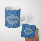 Personalized Custom Name Intricate White Paisley Motif Design on Classic Blue Background 11oz Ceramic Coffee Tea Mug White Large Handle