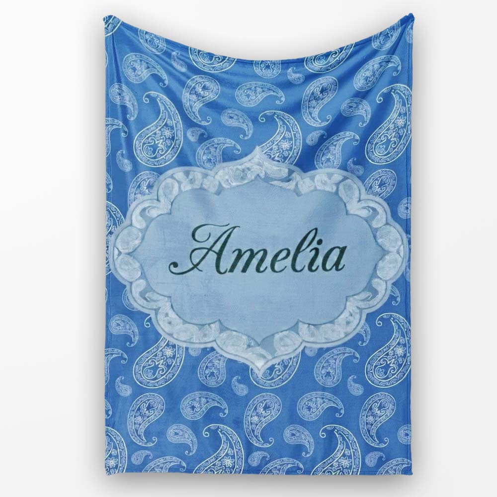 Intricate White Paisley Motif Design on Classic Blue Background  Personalised Custom Name Super Soft Fleece Blanket Bed Sofa Throw
