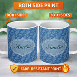 Personalized Custom Name Intricate White Paisley Motif Design on Classic Blue Background 11oz Ceramic Coffee Tea Mug White Large Handle