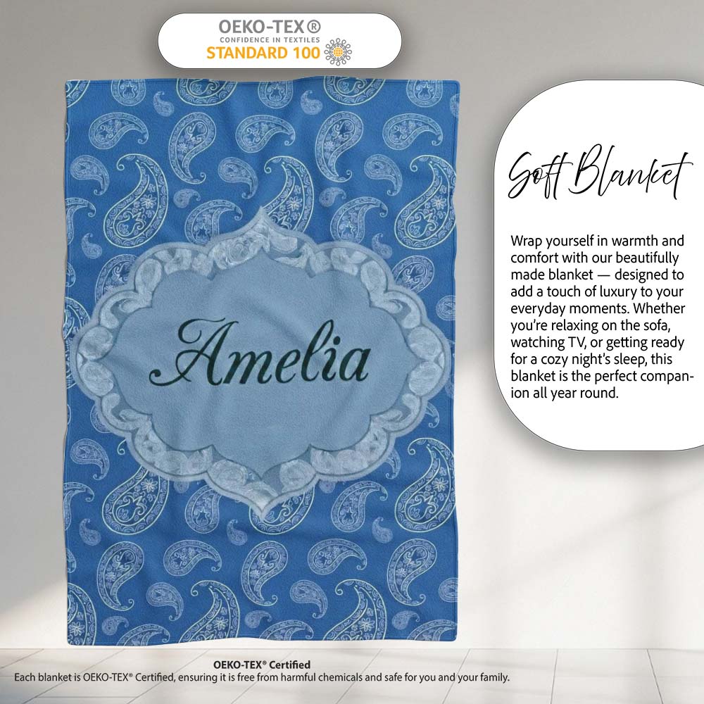 Intricate White Paisley Motif Design on Classic Blue Background  Personalised Custom Name Super Soft Fleece Blanket Bed Sofa Throw