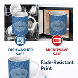 Personalized Custom Name Intricate White Paisley Motif Design on Classic Blue Background 11oz Ceramic Coffee Tea Mug White Large Handle