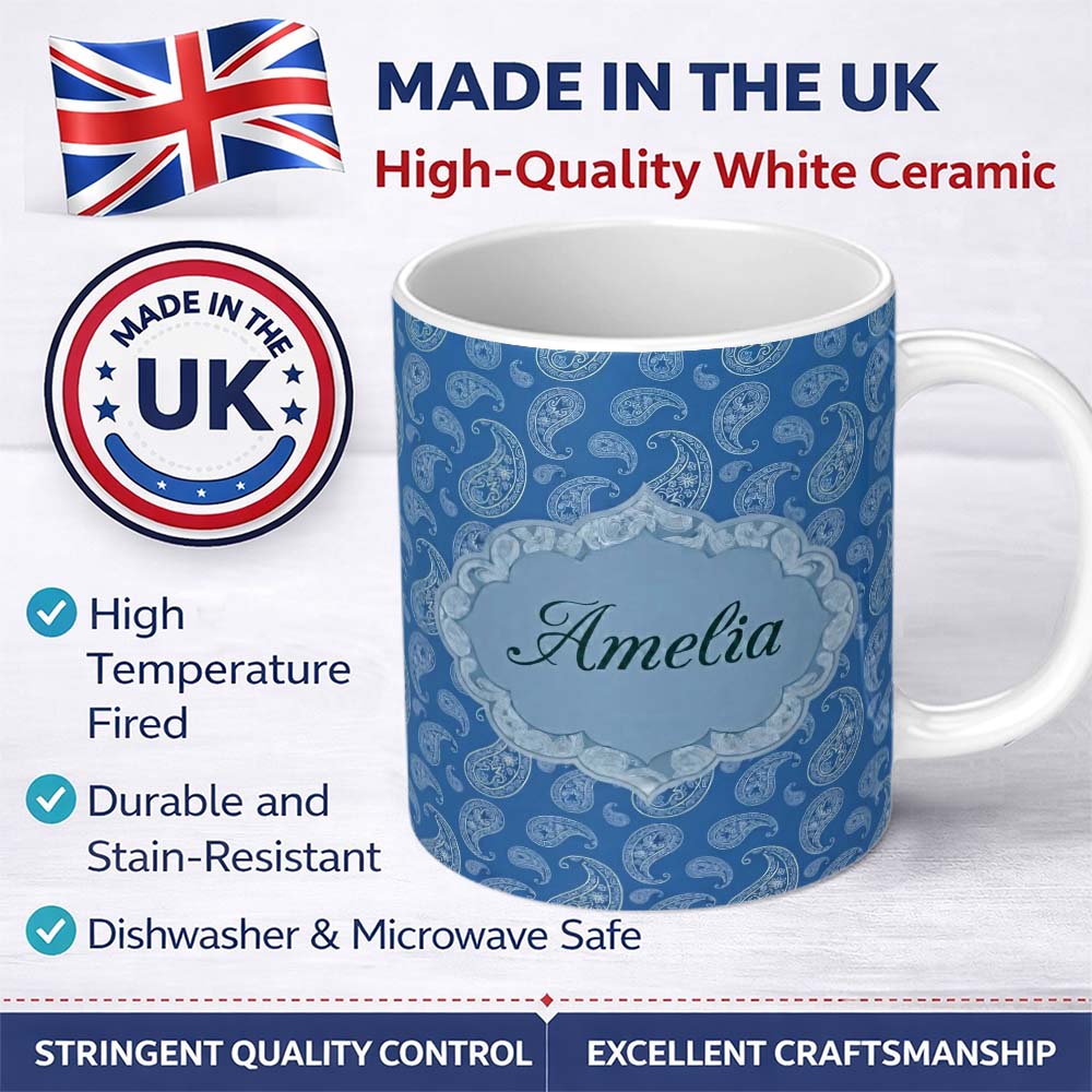 Personalized Custom Name Intricate White Paisley Motif Design on Classic Blue Background 11oz Ceramic Coffee Tea Mug White Large Handle
