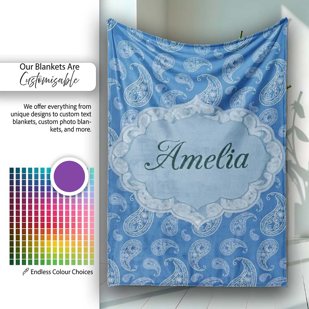 Intricate White Paisley Motif Design on Classic Blue Background  Personalised Custom Name Super Soft Fleece Blanket Bed Sofa Throw