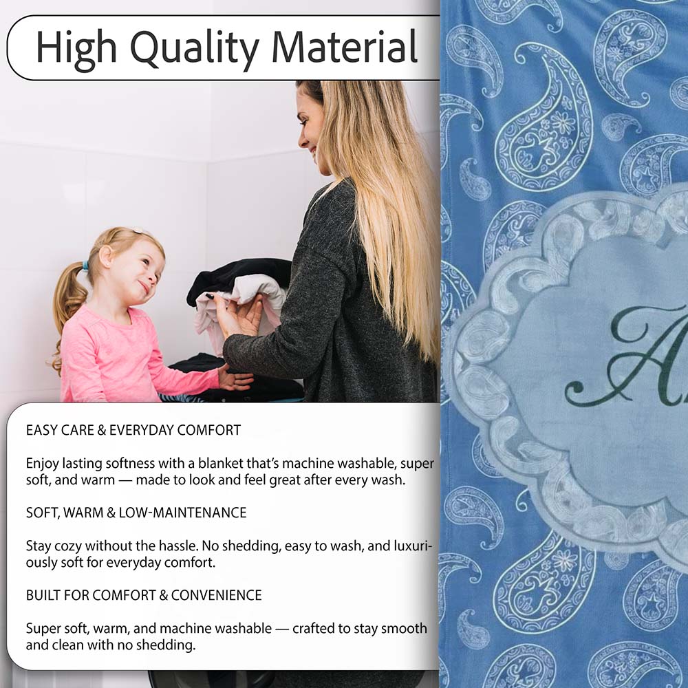 Intricate White Paisley Motif Design on Classic Blue Background  Personalised Custom Name Super Soft Fleece Blanket Bed Sofa Throw