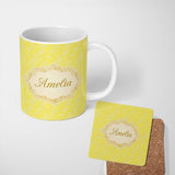 Personalized Custom Name Delicate White Paisley Pattern on Bright Yellow Background Seamless 11oz Ceramic Coffee Tea Mug White Large Handle