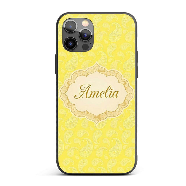 Delicate White Paisley Pattern on Bright Yellow Custom Name Protective Phone Case Mobile Cover Durable Everyday Smartphone Shock Resistant
