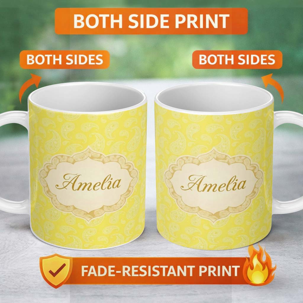 Personalized Custom Name Delicate White Paisley Pattern on Bright Yellow Background Seamless 11oz Ceramic Coffee Tea Mug White Large Handle