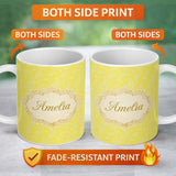 Personalized Custom Name Delicate White Paisley Pattern on Bright Yellow Background Seamless 11oz Ceramic Coffee Tea Mug White Large Handle
