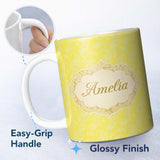Personalized Custom Name Delicate White Paisley Pattern on Bright Yellow Background Seamless 11oz Ceramic Coffee Tea Mug White Large Handle
