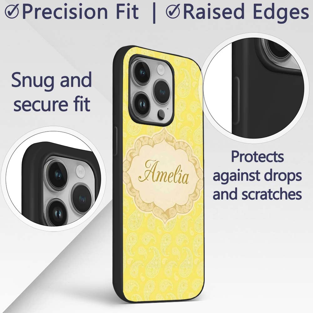Delicate White Paisley Pattern on Bright Yellow Custom Name Protective Phone Case Mobile Cover Durable Everyday Smartphone Shock Resistant