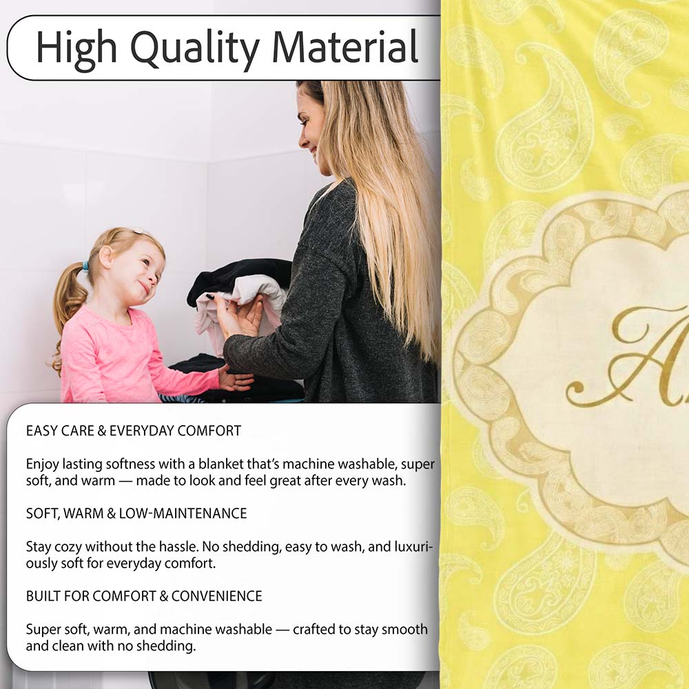 Delicate White Paisley Pattern on Bright Yellow Background Seamless  Personalised Custom Name Super Soft Fleece Blanket Bed Sofa Throw