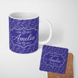 Personalized Custom Name Stylish White Paisley Ornament Pattern on Rich Purple Background 11oz Ceramic Coffee Tea Mug White Large Handle