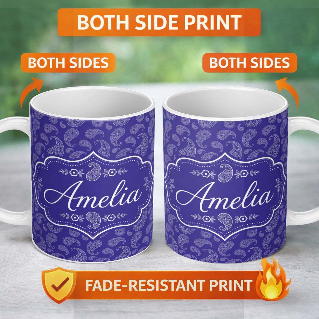 Personalized Custom Name Stylish White Paisley Ornament Pattern on Rich Purple Background 11oz Ceramic Coffee Tea Mug White Large Handle