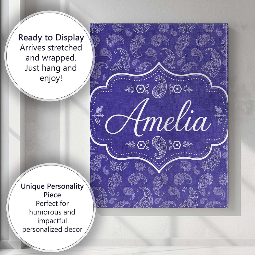 Personalised Name Stylish White Paisley Custom  Modern Room Accent Elegant Feature Canvas Wall Art Print Decor Picture Ready to Hang
