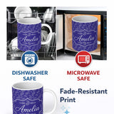 Personalized Custom Name Stylish White Paisley Ornament Pattern on Rich Purple Background 11oz Ceramic Coffee Tea Mug White Large Handle